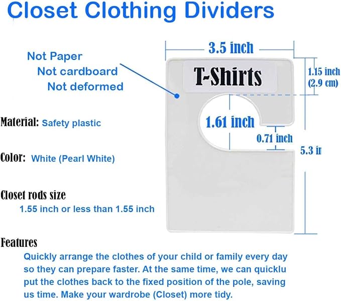 TraGoods 16 Pack White Clothing Rack Size Dividers Plus 60 Labels (1 Inch) and 16 Large Blank Labels, Large Rectangular Clothing Closet Dividers (Pearl White)