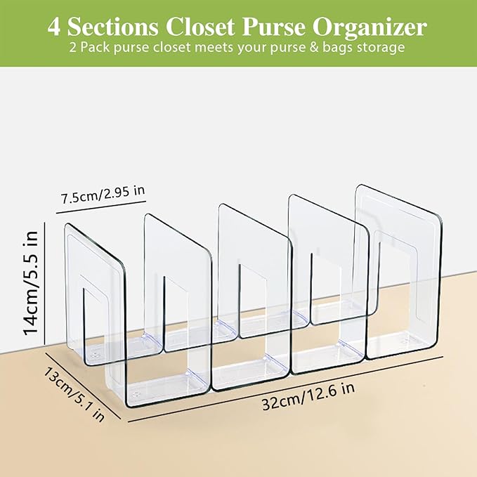 2 Pcs Acrylic Clear Purse Storage Organizers, 4 Sections Dividers in Bedroom Office (bright)