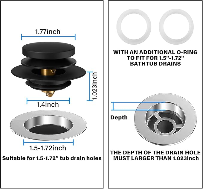 Bathtub Drain Stopper, Uxoz Universal Tub Stopper for Replacing Tip Toe/Trip Lever/Lift&Turn Tub Drain, Bath Tub Drain Stoppers Desiged for 1.5"-1.72" Drain Hole w/3 O-Rings, Black