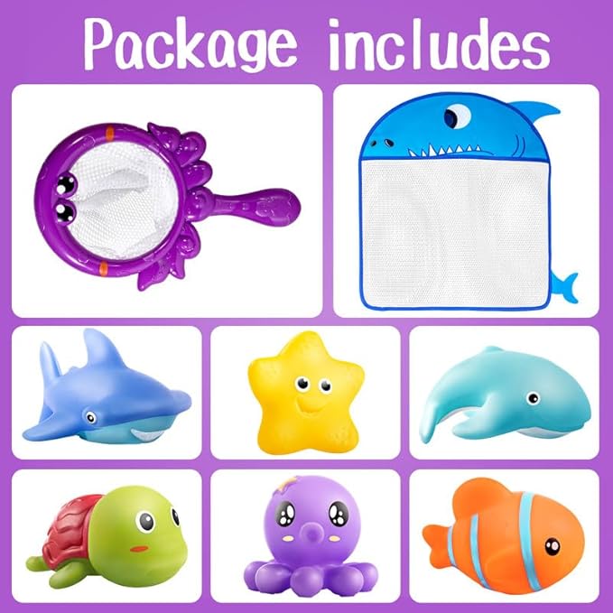 No Hole Bath Toys for Kids Ages 1-3, 8 Pcs Ocean Bath Toys with Storage and Net, Sealed & Squeezable & Float on Water