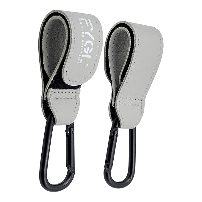 Stroller Hooks - Leather Buggy Clips, Pushchair Carabiner Clip for Bags, Easy Attachment for Pram, Universal Stroller Clips and Hooks, Stroller Accessories - Grey (2 Pack)