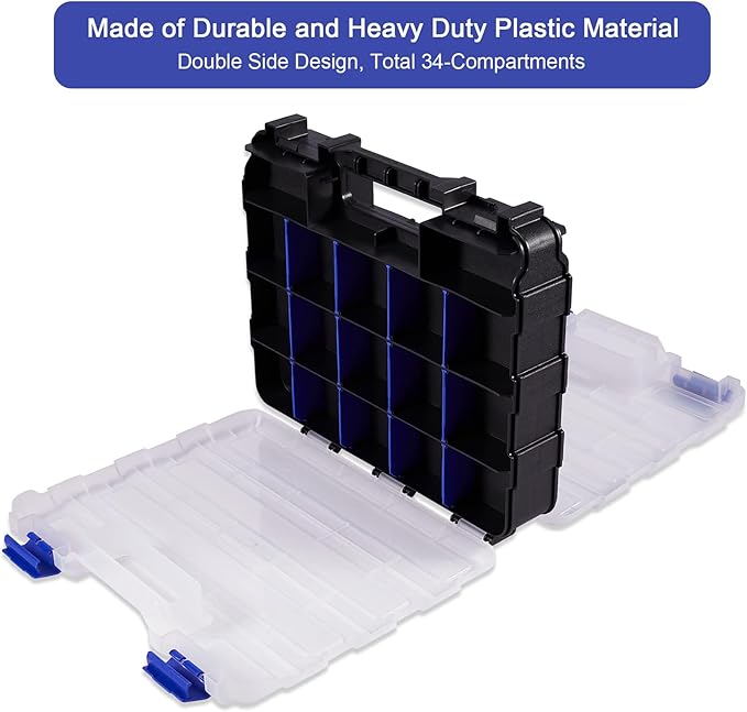 Small Parts Organizer Box Storage Case Tools Box Organizer Double Side 34 Compartments Hardware Organizers with Removable Plastic Dividers for Screws Nuts Nails Bolts, 2 Pack
