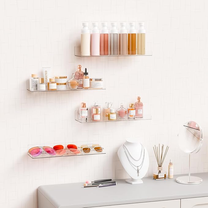 Yieach 4 Pack 15" Acrylic Shelves for Wall,Bathroom,Bedroom - with Adhesive - No Drilling Clear Floating Shelves for Funko Pop,Lego,Action Figures,Nail Polish,Perfume Shelf and Wall Storage & Display