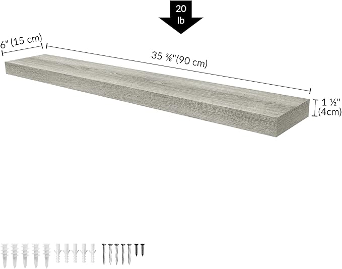 Ballucci Floating Shelf, 36" Wood Wall Shelf with Invisible Brackets for Bathroom, Living Room, Bedroom, Kitchen, Nursery, 6" Deep, Rustic Gray