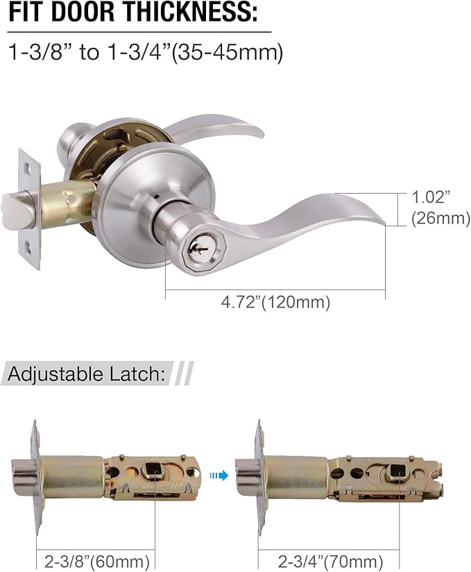 (2 Pack Door Levers Interior Keyed Difference Entry Front/Bedroom Door Handles for Left and Right Opened Door with Lock and Keys Set in Satin Nickel