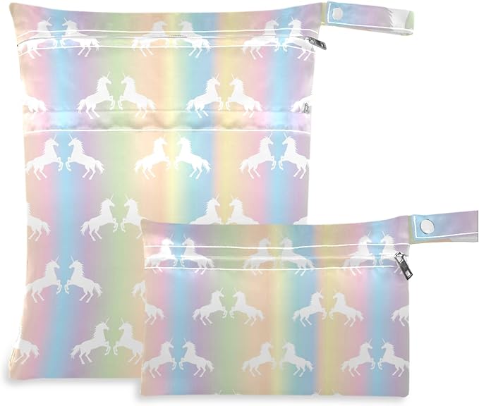 visesunny White Unicorn Colorful Rainbow 2Pcs Wet Bag with Zippered Pockets Washable Reusable Roomy for Travel,Beach,Pool,Daycare,Stroller,Diapers,Dirty Gym Clothes, Wet Swimsuits, Toiletries