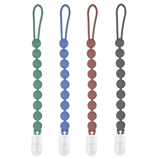 Silicone Pacifier Clip Holder, 4 Pack One Piece Soft Flexible Binky Clips Pacifier Holder Clip for Boys, Birthday Christmas