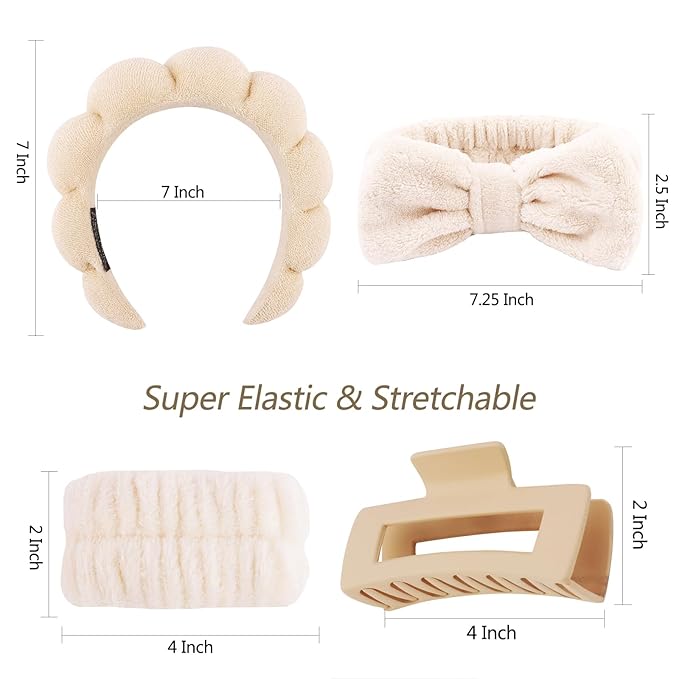 VELSCRUN Spa Headbands for Wash Face, Makeup Headband, Facial Skincare Headbands, 5 Pcs Khaki Puffy Sponge Spa Headband Bow Tie Hair Band Hair Clips Wristband Set Women Girls Accessories