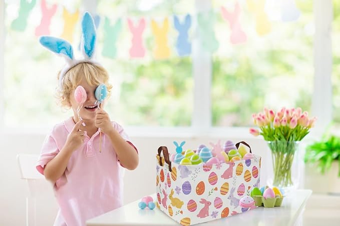 Sanjiaofen Rectangular Easter Baskets, Kids Easter Basket Organizer.Cute Storage Basket with Handles.Boys and Girls,Easter Bunny Eggs Decor,Toys,Books,Easter Gifts (Rabbit Easter Eggs ) …