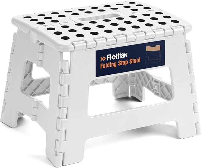Flottian 9" Folding Step Stool for Adults and Kids Holds Up to 300 lbs,Non-Slip Folding Stools with Portable Handle, Compact Plastic Foldable Step Stool for Bathroom,Bedroom, Kitchen White