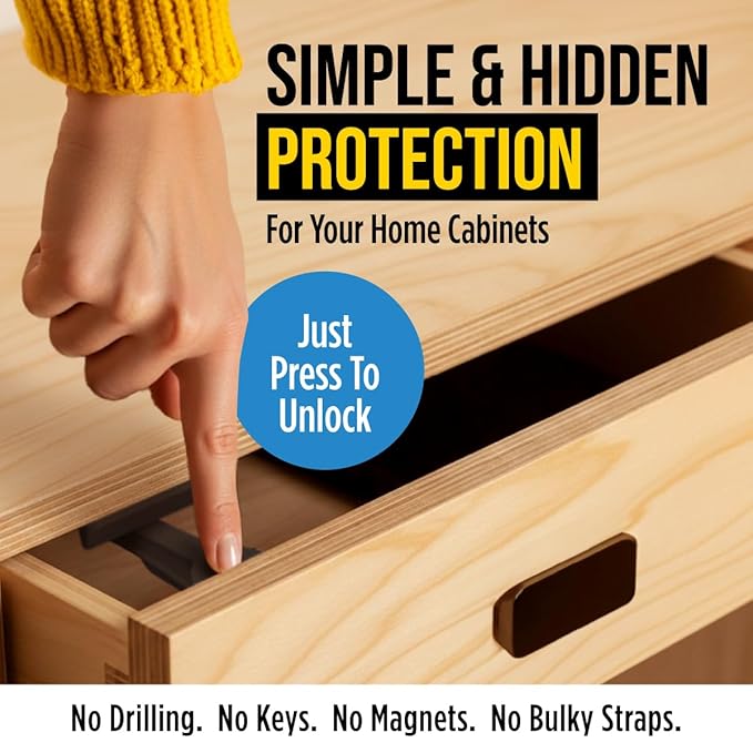 Cabinet Locks for Babies - Child Safety Latches 10 Pack - Invisible Adhesive Baby Proofing Drawer Locks - Works with Most Cabinets and Drawers - No Drilling Installation - (Black)