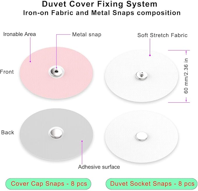 HX AURIZE Metal Iron-on Duvet Snaps (16 Pcs / 8 Sets), Heat-Resistant Comforter Clips & Corner Holders, Securely Keeps Duvet in Place without Shifting, Easy Iron-On Installation for All Bedding, White