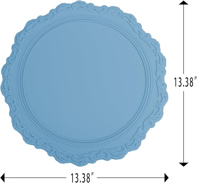 Round Silicon Placemats Set of 4, 13.38" Thick European Style Non-Slip Easy Clean Table Place Mats Decor, Blue
