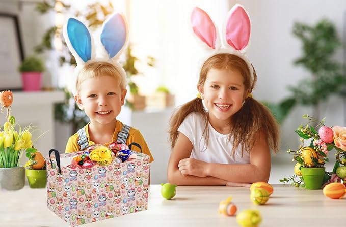 Sanjiaofeng Rectangular Easter Basket Eggs Storage Bins,Cute Storage Basket with Handles.Clothers,Books,Kid's Gifts Bins. (Pink eggs)