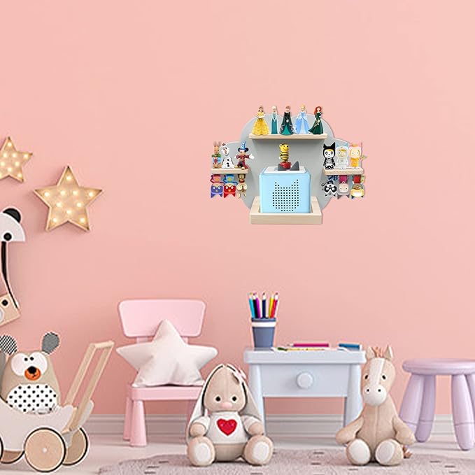 Wall Shelf (Cloud) for Toniebox, Charging Station and 12-18 Tonie Figures, Magnetic Wooden Floating Shelf Compatible with Toniebox MP3 Audio Player & Character, Storage Rack for Kids Play Room