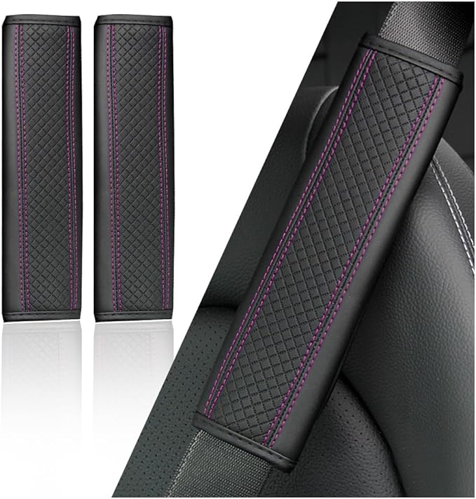 2PCS Car Seat Belt Cover Pad,Breathable Leather Seatbelt Covers for Shoulder Protection and Car Decorations,Seatbelt Cushion Adding Car Seat Strap Pads Car Accessories Interior (Black/Purple)
