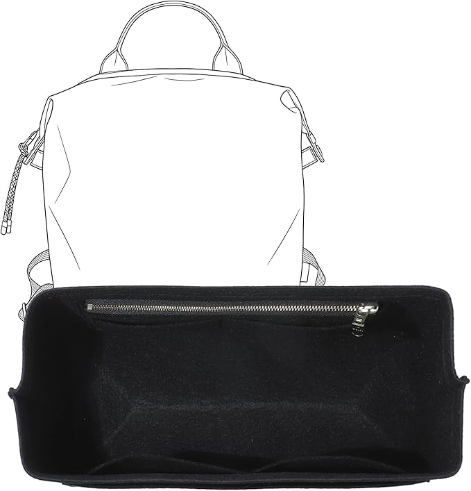 Premium Felt Purse Organizer Insert Compatible with Long Champ Le Pliage L Backpack, Lightwieight Bag Divider Shaper with 8 Pockets & YKK Zipper, Black/LB