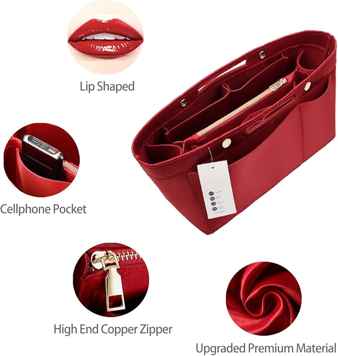 ZTUJO Purse Organizer Insert For Handbags, Silky Bag Organizer With 2 Zippers For Speedy Neverful Tote and More (Red, Large)