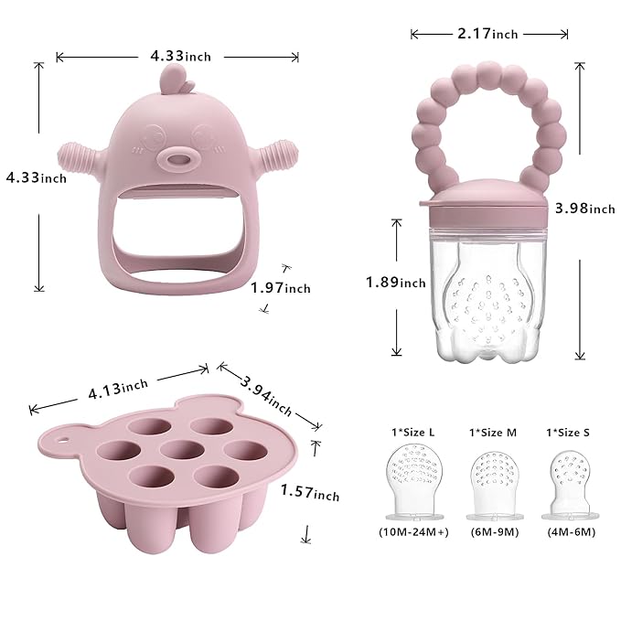 Baby Fruit Feeder & Breastmilk Popsicle Mold Set – 3 Pack Silicone Teething Relief Kit with Food Feeder Pacifier, Freezer Tray with Lid & Baby Teether (Blush)
