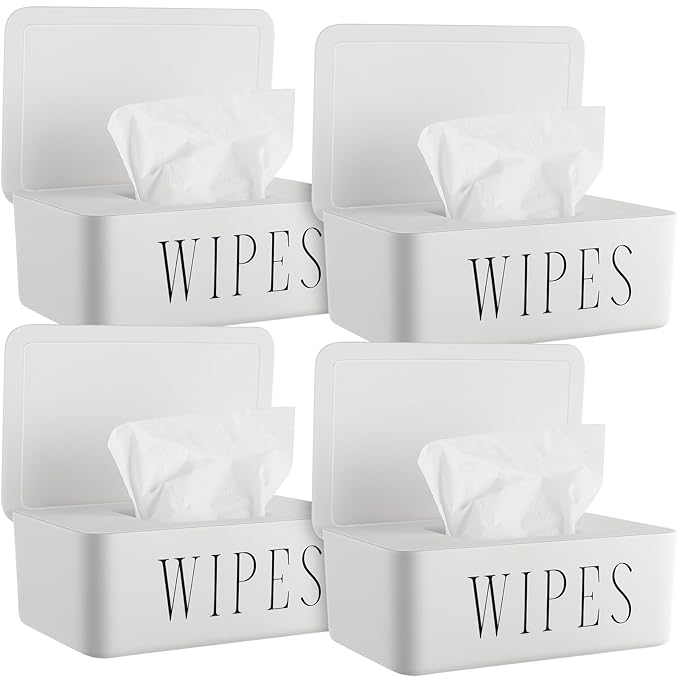 Singhoow 4 Pack Baby Wipes Dispenser Refillable Wipe Holder with Lid Toilet Wipes Container for Bathroom Tissue Paper Storage Box for Home Office (White)