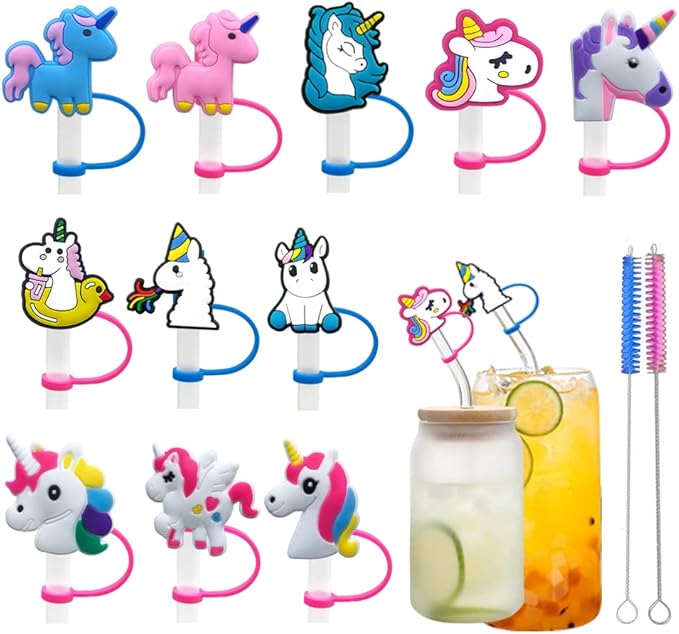 11Pcs Cute Silicone Straw Covers Cap,RENUIS Straw Cap Toppers for Tumblers,Reusable Portable Drinking Straw Tips Lids, Dust-Proof Straw Plugs Soft Protector Cover for 6-8 mm Straws (Unicorn Theme)