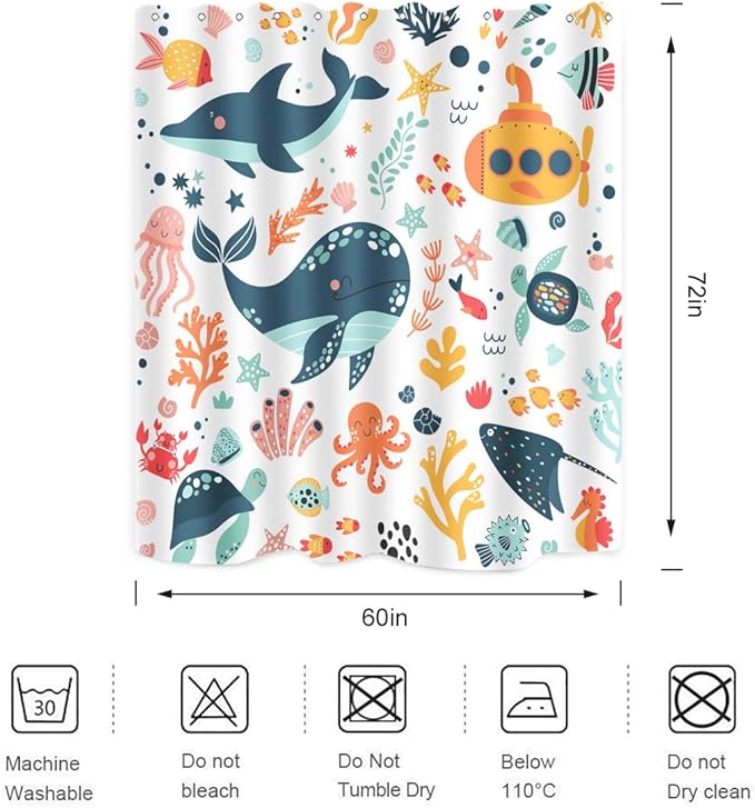 Kids Cartoon Ocean Shower Curtain Cute Fish Sea Turtle Whale Dolphin Funny Underwater Submarine Animal Sea Life Children Home Bathroom Decor Waterproof Fabric 72Lx60W Inch with 12PCS Hooks