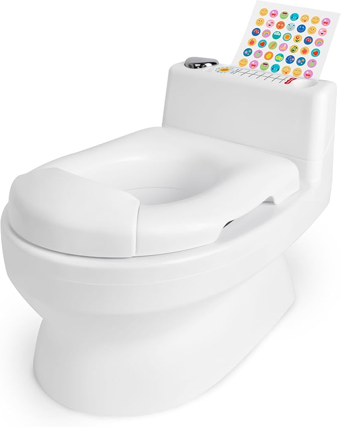Fisher-Price™ 2-N-1 Potty Trainer with Flushing Sounds, Chart & Storage – White Floor Potty Chair with Splash Guard, Removable Ring & Bowl, Patented Snap Safe Ring Technology