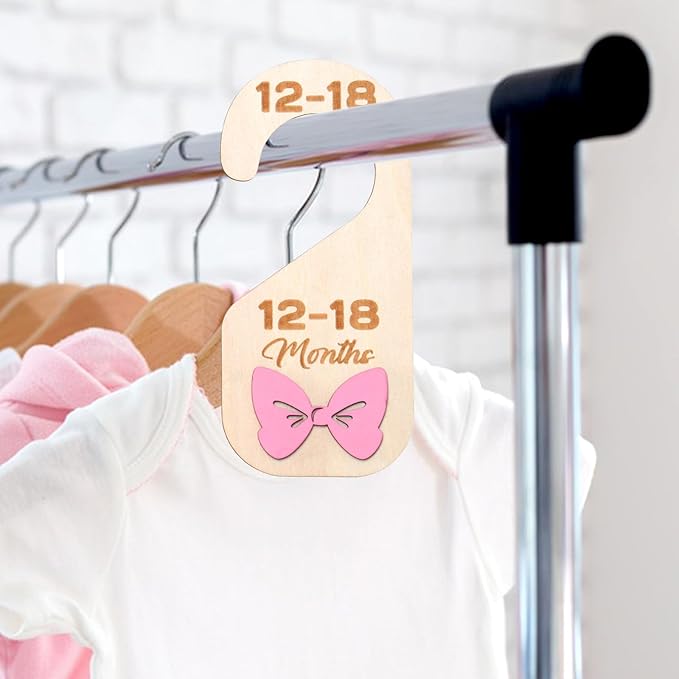 Bnesi Wooden Closet Dividers Wooden Bow Dividers for Closet Set of 7 Double-Sided Newborn Clothes Size Hanger Dividers from Newborn to 24 Months Pink Nursery Decor (Cute)