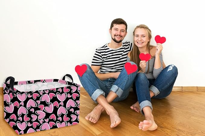 Essme Rectangular Valentine's Day Baskets Cute Storage Box,Heart Storage Bins Organizer with Handles for Kids Room Decor,Gift Basket,Shelf Basket,(Black line heart)