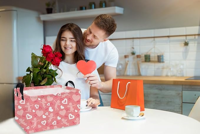 Essme Rectangular Valentine's Day Baskets Girls Storage Box,Pink Heart Storage Bins Organizer with Handles for Girls Room Decor,Gift Basket,Shelf Basket,(Pink love basket)