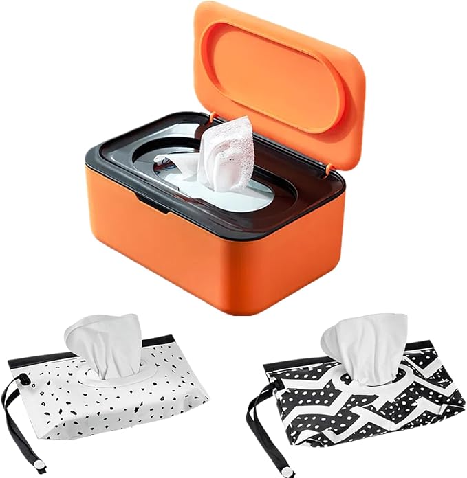 Wipes Dispenser with 2Pcs Portable Refillable Wipe Holder,Reusable Large Wipe Holder Box Flushable Wipes Case Bathroom Wipes Container for Pet Nursery Kitchen Office Counter(Orange-Black)