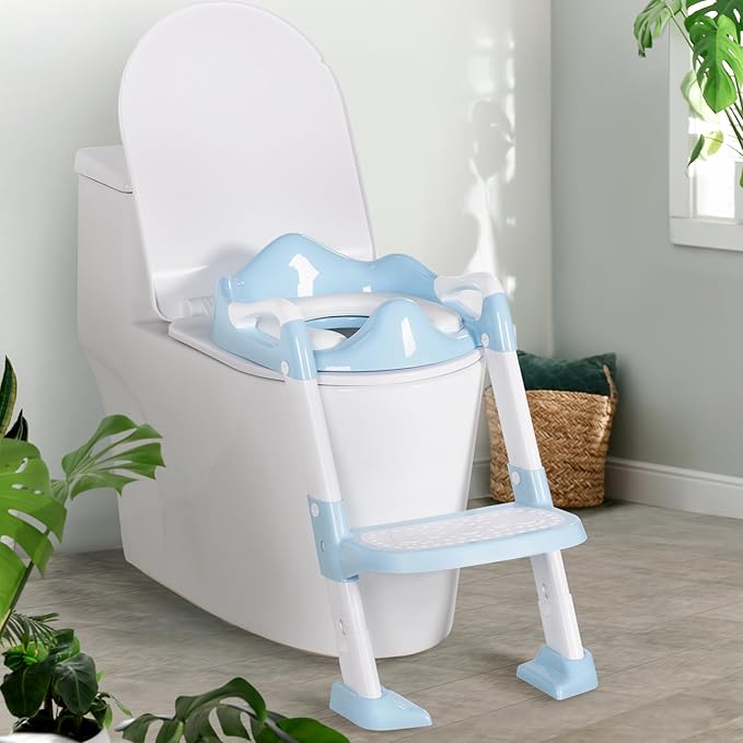 Potty Training Seat with Step Stool, Toddler Toilet Seat w/Ladder, Potty Training Chart, Splash Guard & Upgraded Non-Slip Pads, Kids Foldable Training Toilet Potty Chair for Boys Girls (Blue)