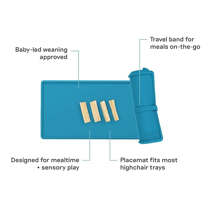 ezpz Tiny Placemat (Blue) - 6 Months+ - Non-Slip, 100% Silicone Placemat for Infants and Toddlers - Fits on Most Highchair Trays - Rolls-Up - Baby Led Weaning Supplies