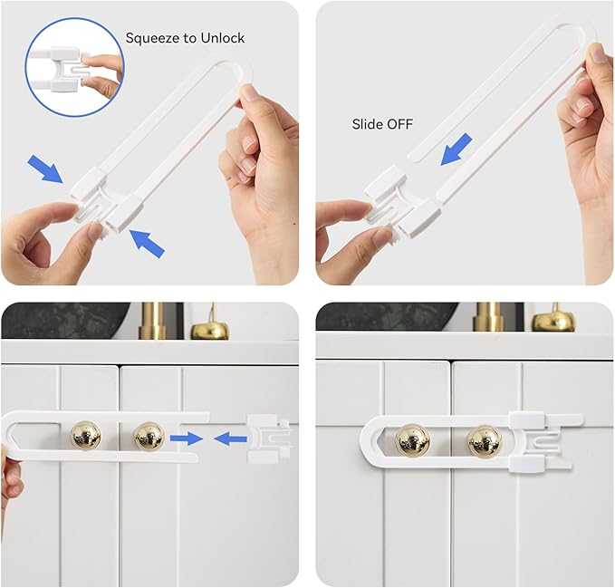10 Pack Baby Sliding Cabinet Locks - Safeasy Adjustable U Shaped Child Safety Locks,Childproof Latches for Kitchen Bathroom Storage Cupboards Doors, Handles and Knobs (white, 10)