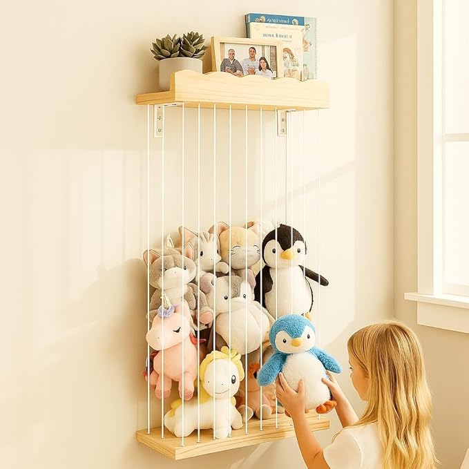 Adjustable Stuffed Animal Storage with Shelf (Patented) - Large Wooden Hanging Plush Toy Organizer - Corner Stuffy Animals Hammock Net Holder for Kids Room, Nursery, Bedroom