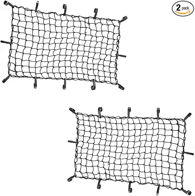 CZC AUTO Black Latex Bungee Cargo Net, Strech to 44"x76" Luggage Netting with 2"X2" Small Mesh, 12 Adjustable Plastic Hooks for Rooftop Cargo Carrier Roof Rail Rack Hitch Basket SUV, 22"x38", 2 Pack
