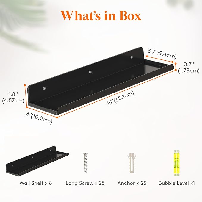 Lifewit Floating Shelves for Bathroom, 15" Clear Wall Organizer for Makeup, Perfume, Figures, Photo, Decor Shelf for Nursery, Living Room, Bedroom, Kitchen, Over Toilet Storage Rack, Black, 8 Pack