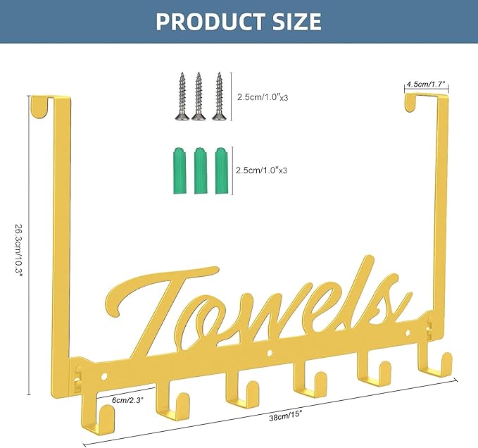 Azmoncy Over The Door Hooks, Towel Hook Towel Rack for Bathroom Towel Holder for Hanging Heavy Duty, Wall Mount Towel Hanger with 6 Hooks for Bedroom Bathroom Kitchen Towels, Bag, Coats, Hats(Gold)