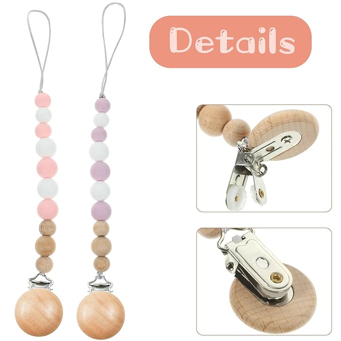 18 Pieces Wood Pacifier Clips Toy Suspender Clips Baby Teething Grasping Suspender Clips Charm DIY Pacifier Holder Clips Pacifier Accessories