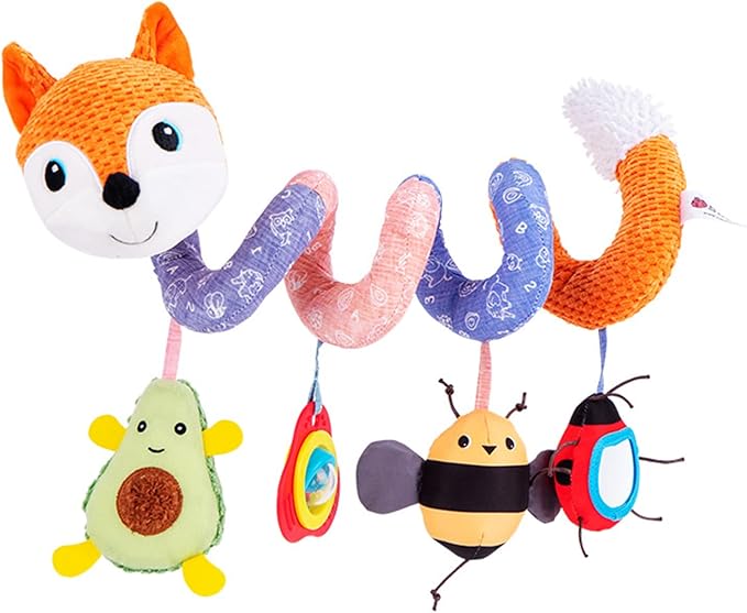 Jollybaby Crib Stroller Car Seat Toys for Baby 0-3-6-9-12 Months, Tummy Time Hanging Sensory Toys for Newborn with Music Box and Teether, Spiral Carseat Toy for Infant Boys Girls Gift (03-Orange Fox)