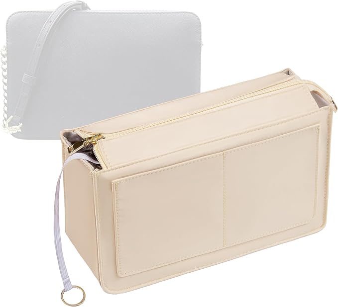 Vercord Purse Organizer Insert with Zipper for Women Hobo Handbags Shaper Insert 12 Pockets Bag Beige Medium