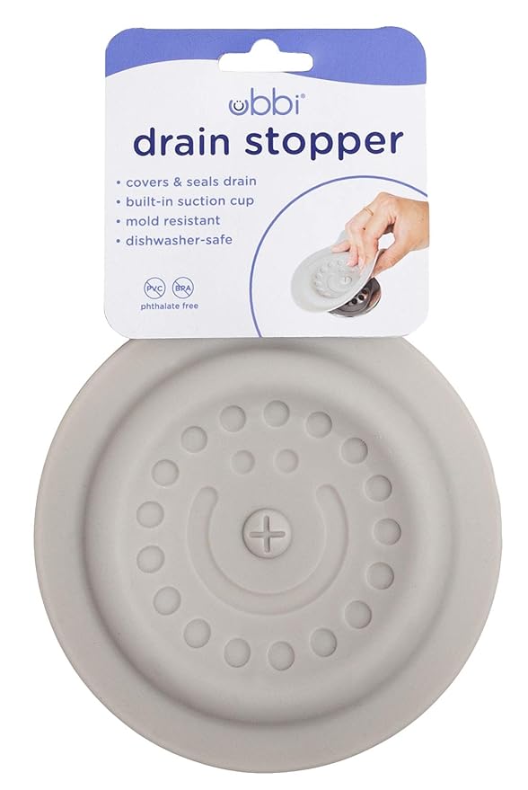 Ubbi Bathtub Drain Cover, Silicone Drain Stopper with Suction, Baby Bath Time Accessory, Gray