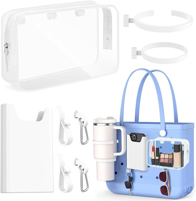 3 Packs Clear Bogg Beach Tote Bag with 2 Pack Insert Hooks Accessories for Bogg Bags Travel Makeup Clean Toiletry Brush Organizer Cosmetic Divider Storage Inner Pouch