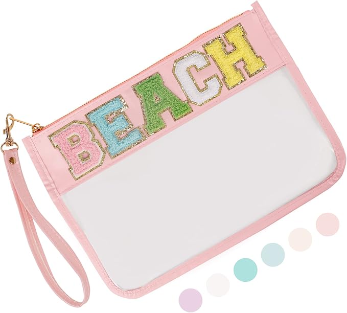Iqimott Chenille Letter Clear Bag Beach Pouch, Monogram PVC & PU Makeup Cosmetic Bag Zipper Toiletry Pouch, Waterproof Portable Travel Snack Wristlet Bags for Women Girls(Beach, Pink)