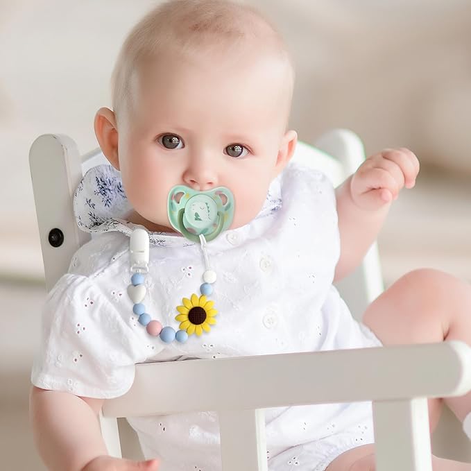 Silicone Pacifier Clip, 2 Pack Pacifier Holder for Boys and Girls, Adorable Sunflower Pacifier Clips Fits for Most Pacifier, Baby Teethers, Baby Shower and Baby Gift(White&Yellow)