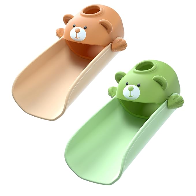 Skyroku Faucet Extender for Kids, Temperature-Sensitive Faucet Spout Extension for Independent Hand Washing - Cute Bear Design, Fits Most Bathroom & Kitchen Sinks (Brown&Green)