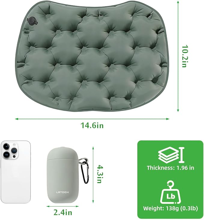 LRTOEH Inflatable Seat Cushion, Lightweight Portable Air Cushion with Pump, Airplane Seat Pad for Flights Pressure Relief, Waterproof Chair Pad, Stadium Cushions for Travel, Camping, Hiking(Green)