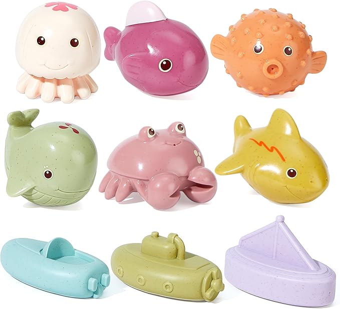 Baby Bath Toys, 9 Pack | Mold Free Bath Toys with Sealed & No Holes Design | Soft, Easy Grip & Floatable Bathtub Toys | Babies & Toddlers Pool Water Toys for 6-12-18 Months