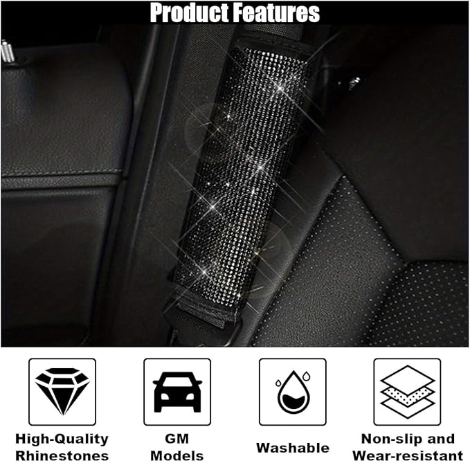 2PCS Bling Car Seat Belt Shoulder Pads, Bling Rhinestones Seat Belt Covers for Women, Car Seatbelt Strap Pad with Crystal Diamond, Car Interior Accessories for Car SUV (Black Diamond)