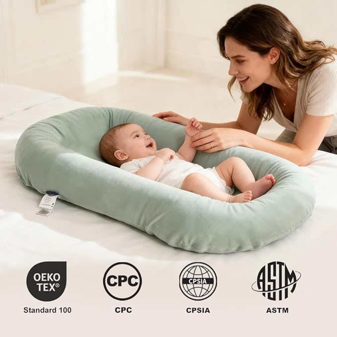Infant Lounger, Baby Nest Cover, Soft Cotton and Waterproof Inner, Baby Floor Seat for Tummy Time, Baby Lounger for Newborn 0-24 Months, Essentials for Newborns (Green)